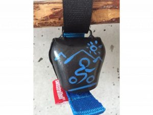 Swisstrailbell handbemalt mit blauem Biker, Band hellblau