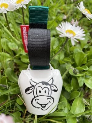 Swisstrailbell handbemalt mit Kuh Muh, Band schwarz